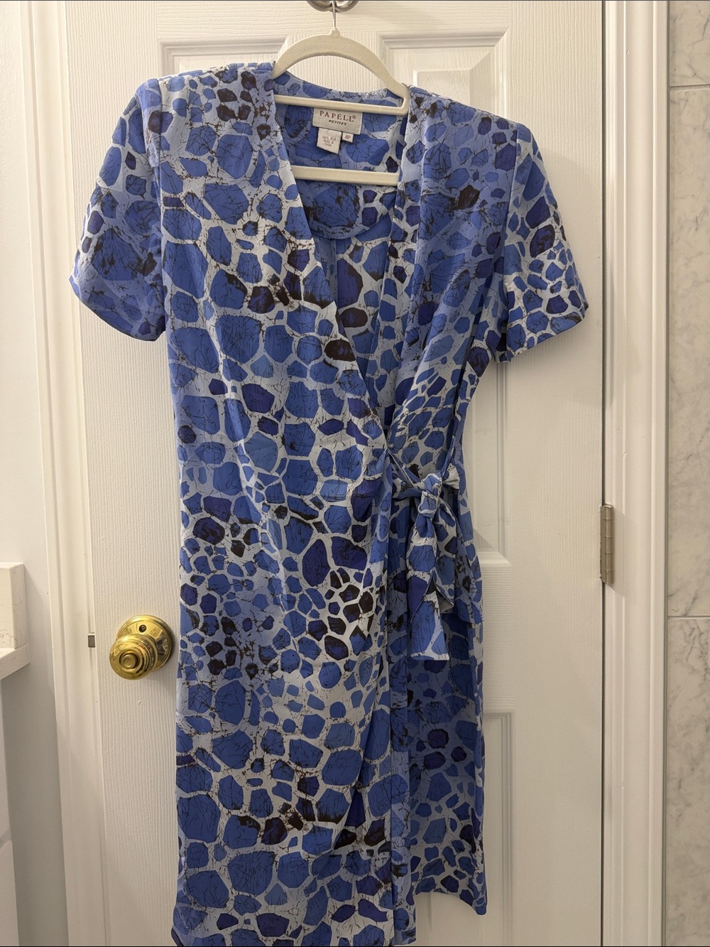 Vintage Papell Petites 100% Silk Blue Print Wrap Dress